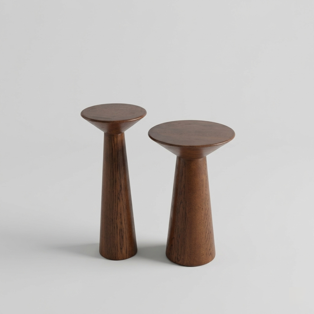 Two wooden stools on a light gray background