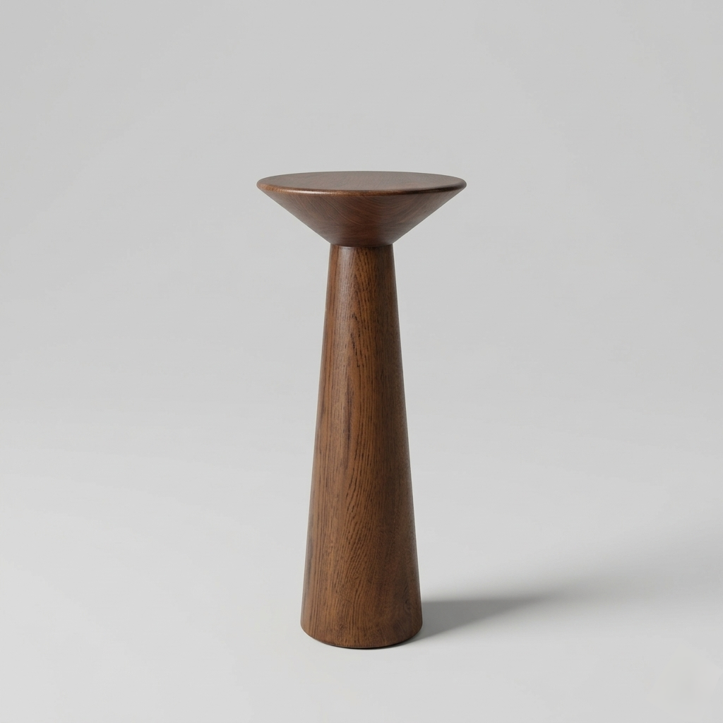 Wooden vase with a wide base and narrow top on a light gray background