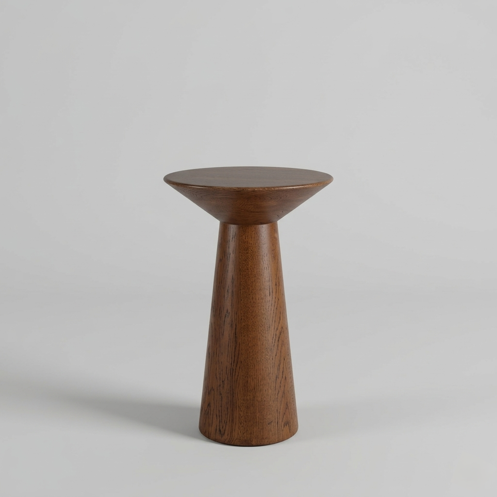 Wooden side table with a minimalist design on a gray background