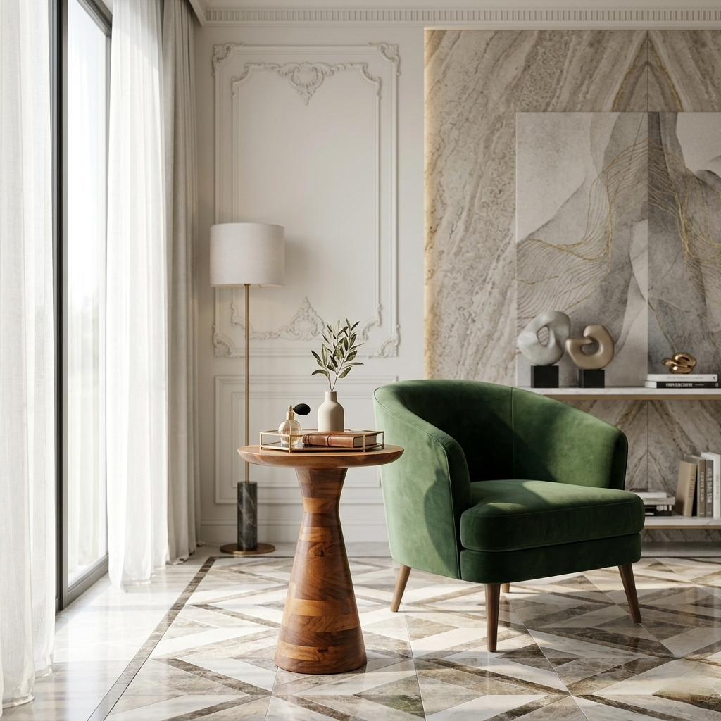 Modern living room with a green armchair, wooden side table, and marble wall.
