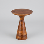 Wooden side table with a unique design on a gray background