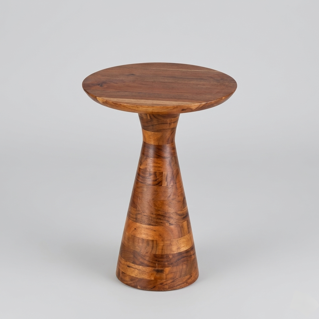 Wooden side table with a unique design on a gray background