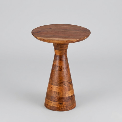 Wooden side table with a unique design on a gray background