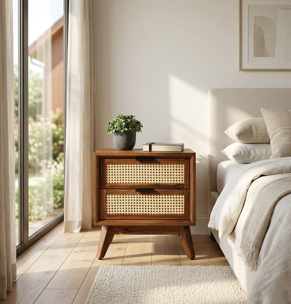 Avera cane bedside table wooden side table with cane design