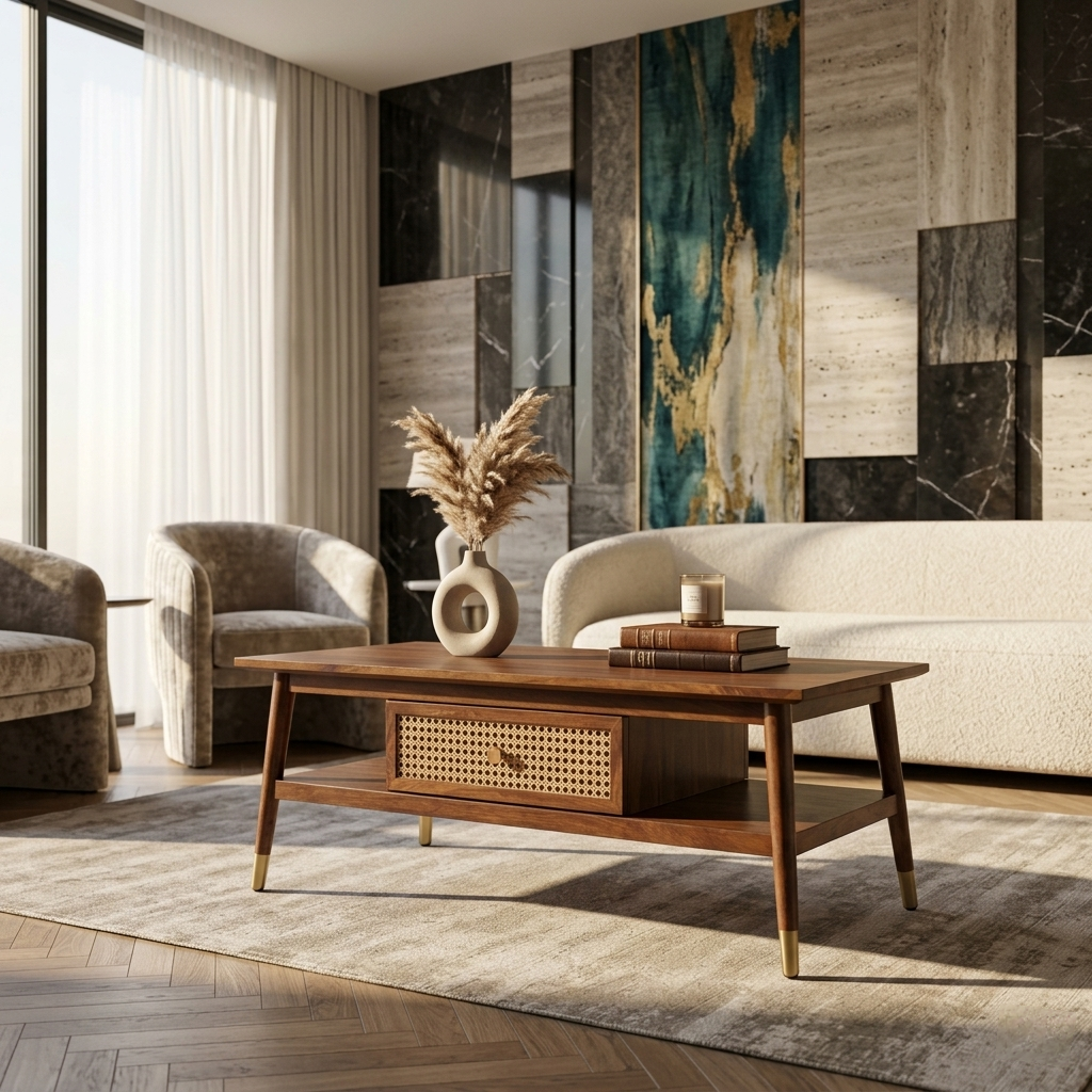 wooden coffee table with cane drawer in modern living room interior with sofa setup