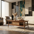 wooden coffee table with cane drawer in modern living room interior with sofa setup
