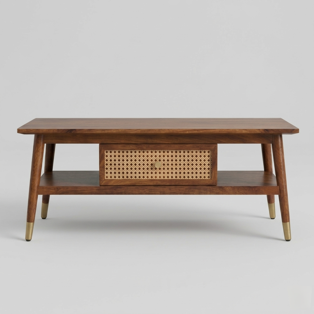 modern wooden coffee table with cane drawer and open shelf storage design