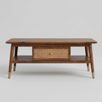 modern wooden coffee table with cane drawer and open shelf storage design