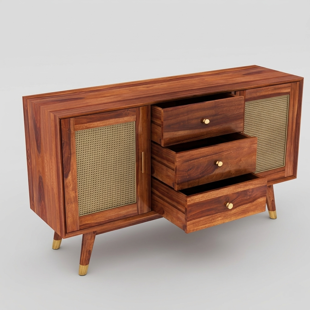 Modern Averra Cane Sideboard | Modern Wooden Storage Cabinet with Drawers & Sliding Doors furniture for home in Jodhpur India