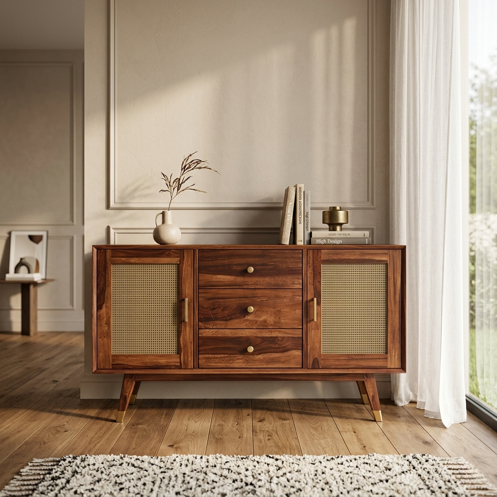 Averra Cane Sideboard | Modern Wooden Storage Cabinet with Drawers & Sliding Doors solid wood furniture India handcrafted design