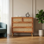 Modern cane wooden chest of drawers with rattan panel storage cabinet for bedroom interior