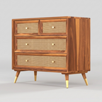 Modern cane wooden chest of drawers with rattan panel storage cabinet for bedroom interior india