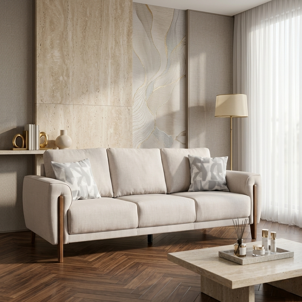 Averra Elvion wooden accent sofa modern 3 seater with fabric upholstery in India