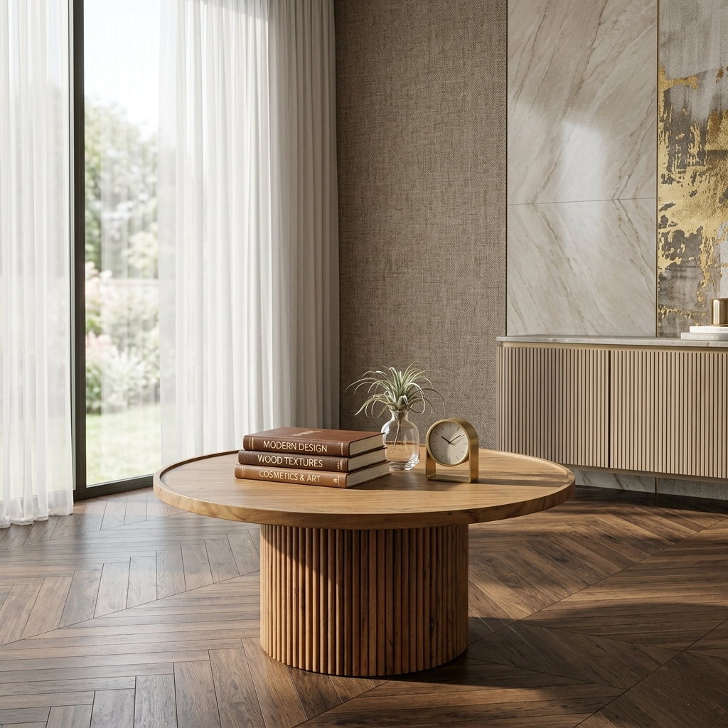 round wooden coffee table with fluted base modern design