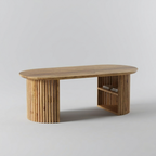 modern oval wooden coffee table with fluted base and open shelf storage design