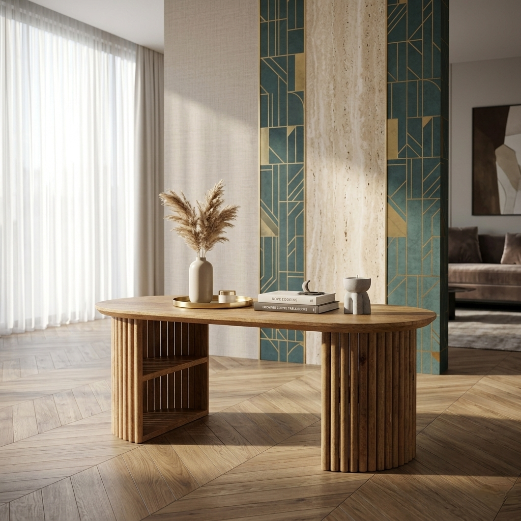 fluted wooden coffee table in modern luxury living room with decor setup