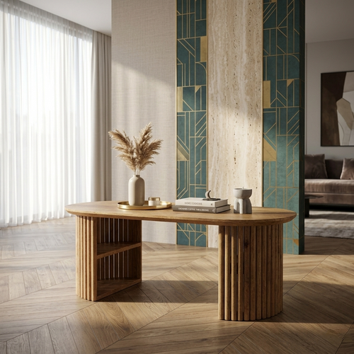 fluted wooden coffee table in modern luxury living room with decor setup