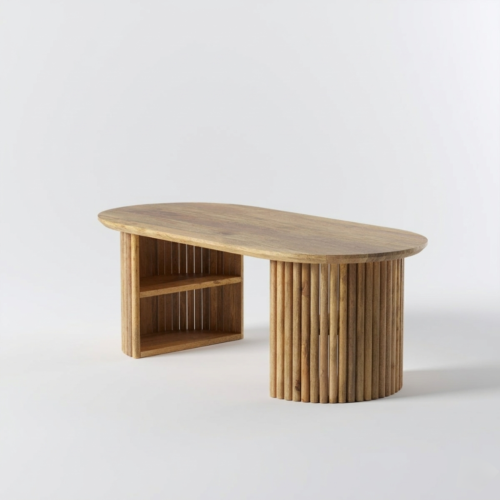 modern oval wooden coffee table with fluted base and open shelf storage design in jodhpur