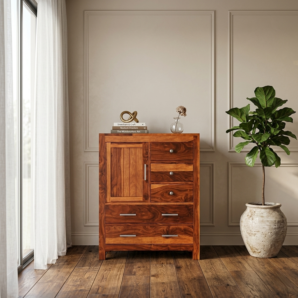 Modern wooden storage cabinet with drawers and door organizer unit in bedroom interior