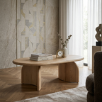 modern sculptural wooden coffee table with curved base in luxury living room interior