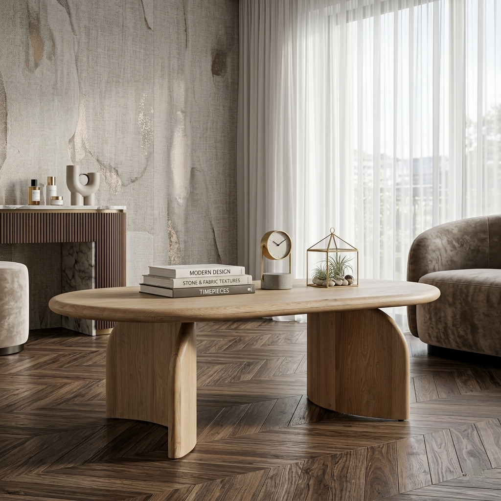 modern sculptural wooden coffee table with curved base in luxury living room interior india