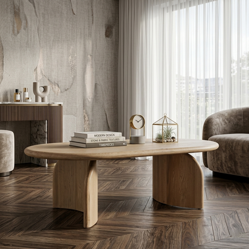 modern sculptural wooden coffee table with curved base in luxury living room interior india