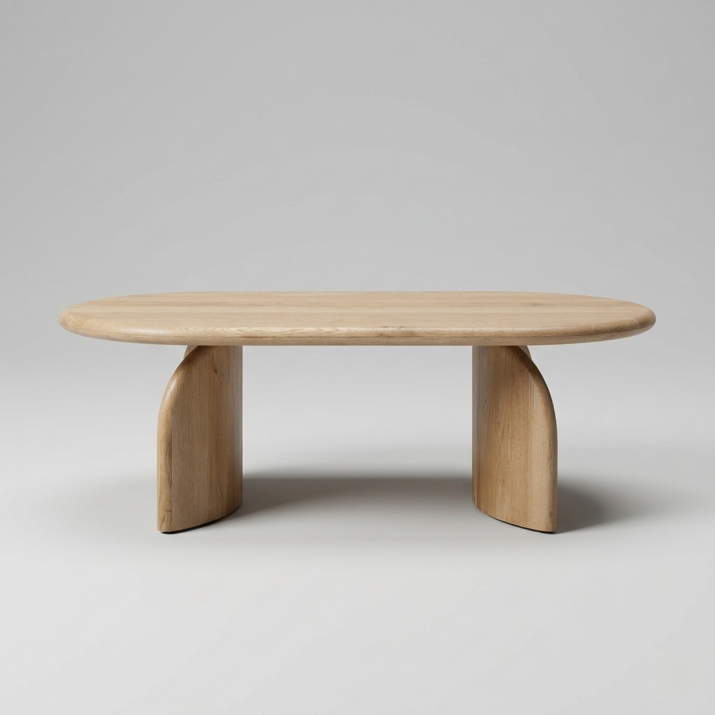 modern sculptural wooden coffee table with curved base in luxury living room interior
