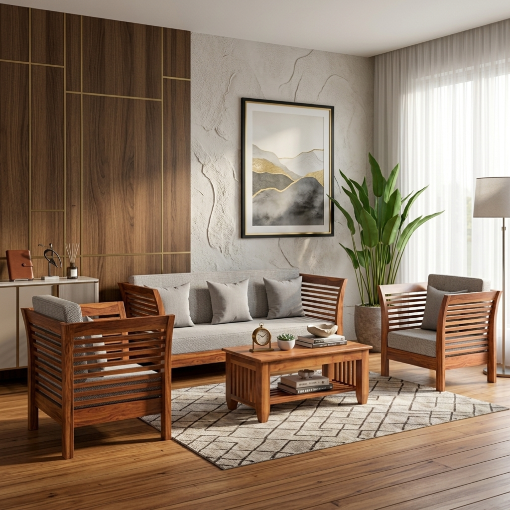 Averra slatted wood sofa modern solid wood couch with cushions for living room in India