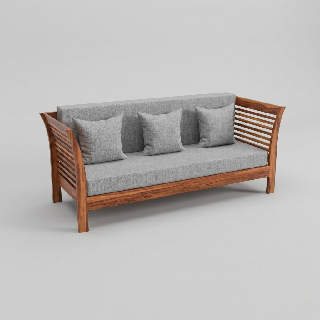 Solid wood sofa with slatted design and cushions for home furniture in Jodhpur India