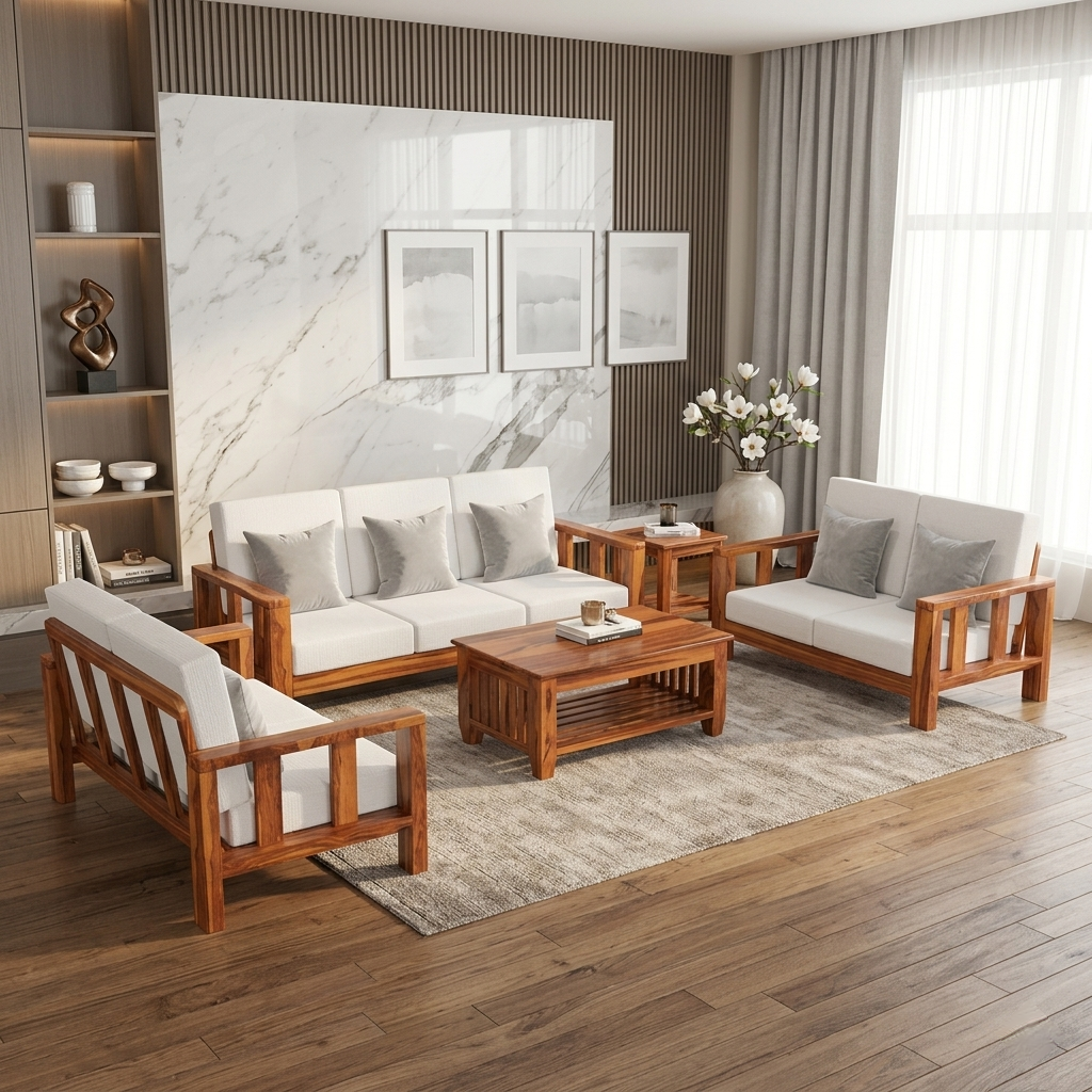 Averra solid wood sofa set modern wooden living room sofa with cushions 3 2 1 set in India