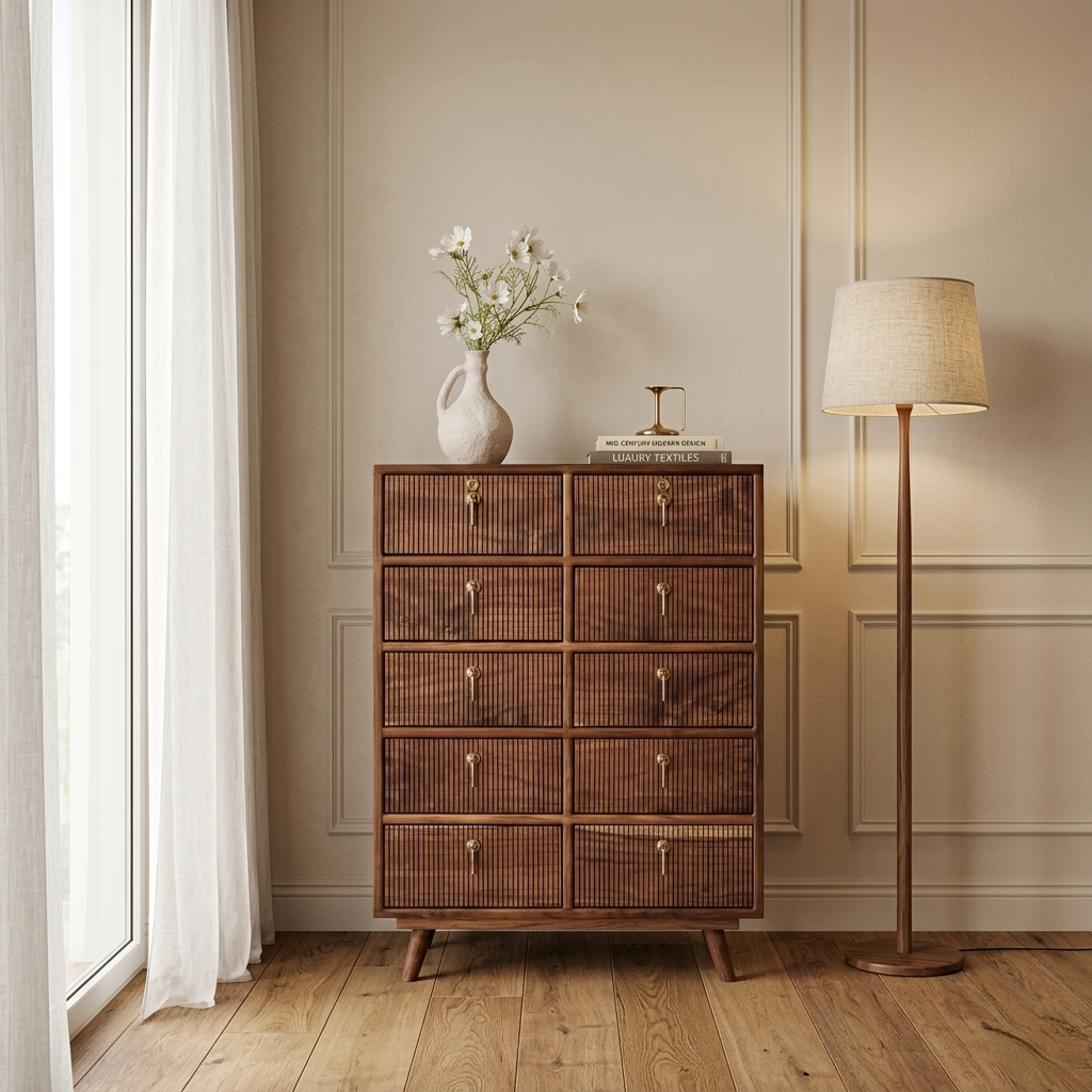 Tall wooden chest of drawers with multiple storage drawers vertical cabinet for bedroom interior