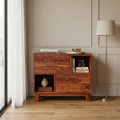 Modern wooden storage cabinet with drawers and open shelf display unit for living room interior
