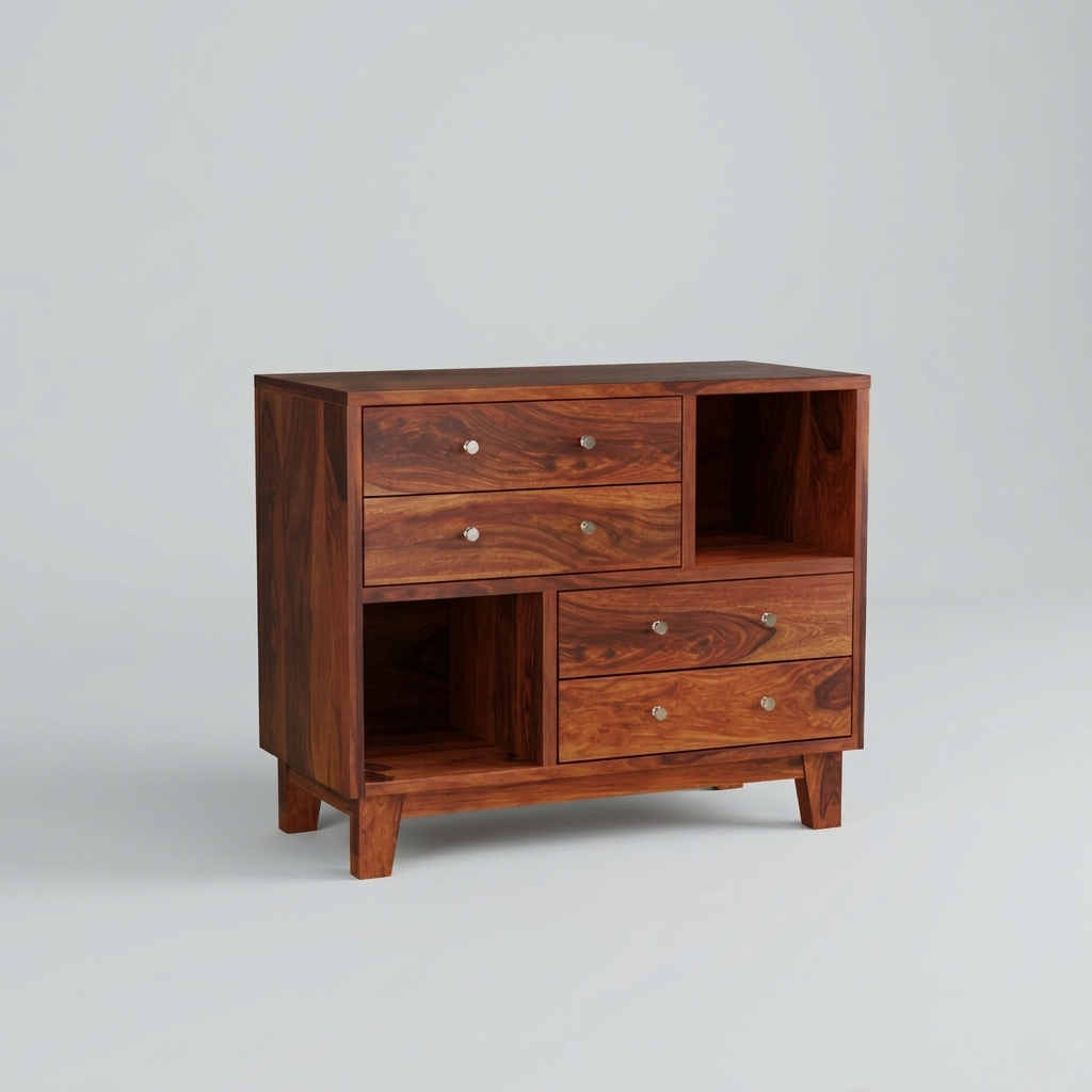 Modern wooden storage cabinet with drawers and open shelf display unit for living room interior in jodhpur