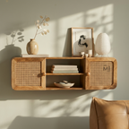 Boho Cane Wall Cabinet Shelf | Floating Wooden Storage & Display Unit