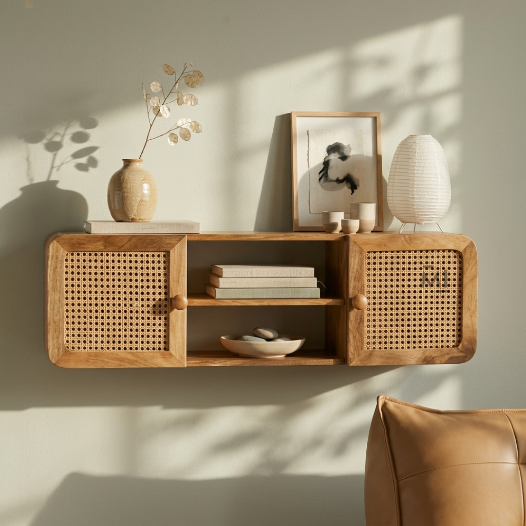 Boho Cane Wall Cabinet Shelf | Floating Wooden Storage & Display Unit