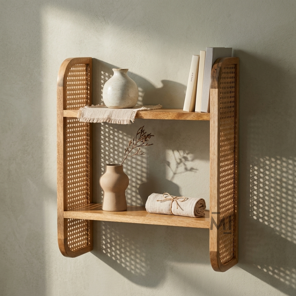 Boho Cane Wall Shelf | Handmade Wooden Decorative Floating Shelf