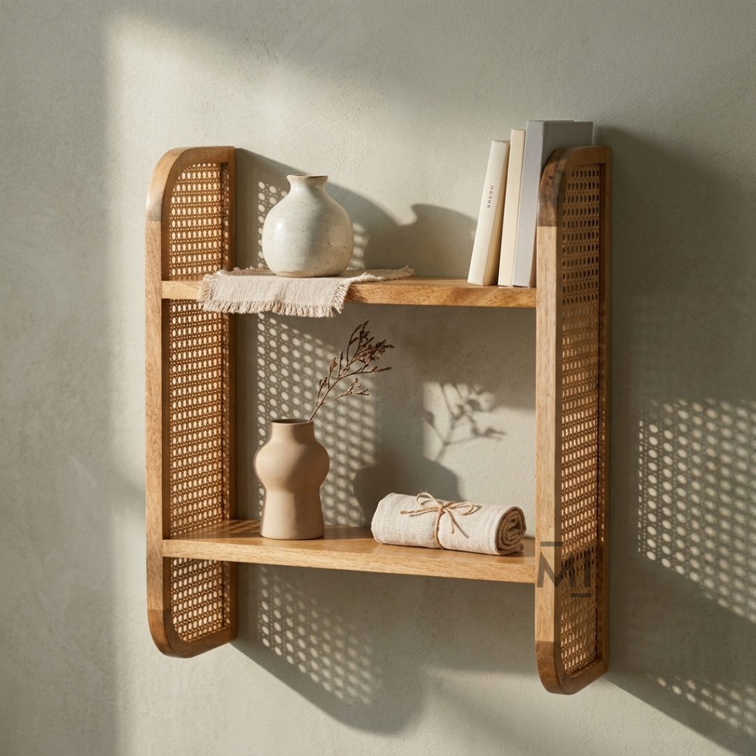 Boho Cane Wall Shelf | Handmade Wooden Decorative Floating Shelf