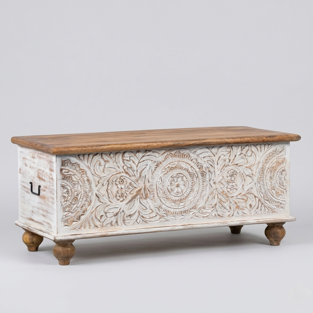 BohoCarve Solid Wood Storage Trunk | Handcrafted Vintage Wooden Blanket Chest