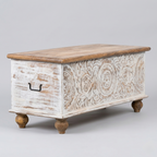 Vintage boho storage trunk with decorative hand-carved detailing