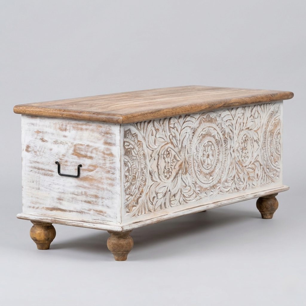 Vintage boho storage trunk with decorative hand-carved detailing