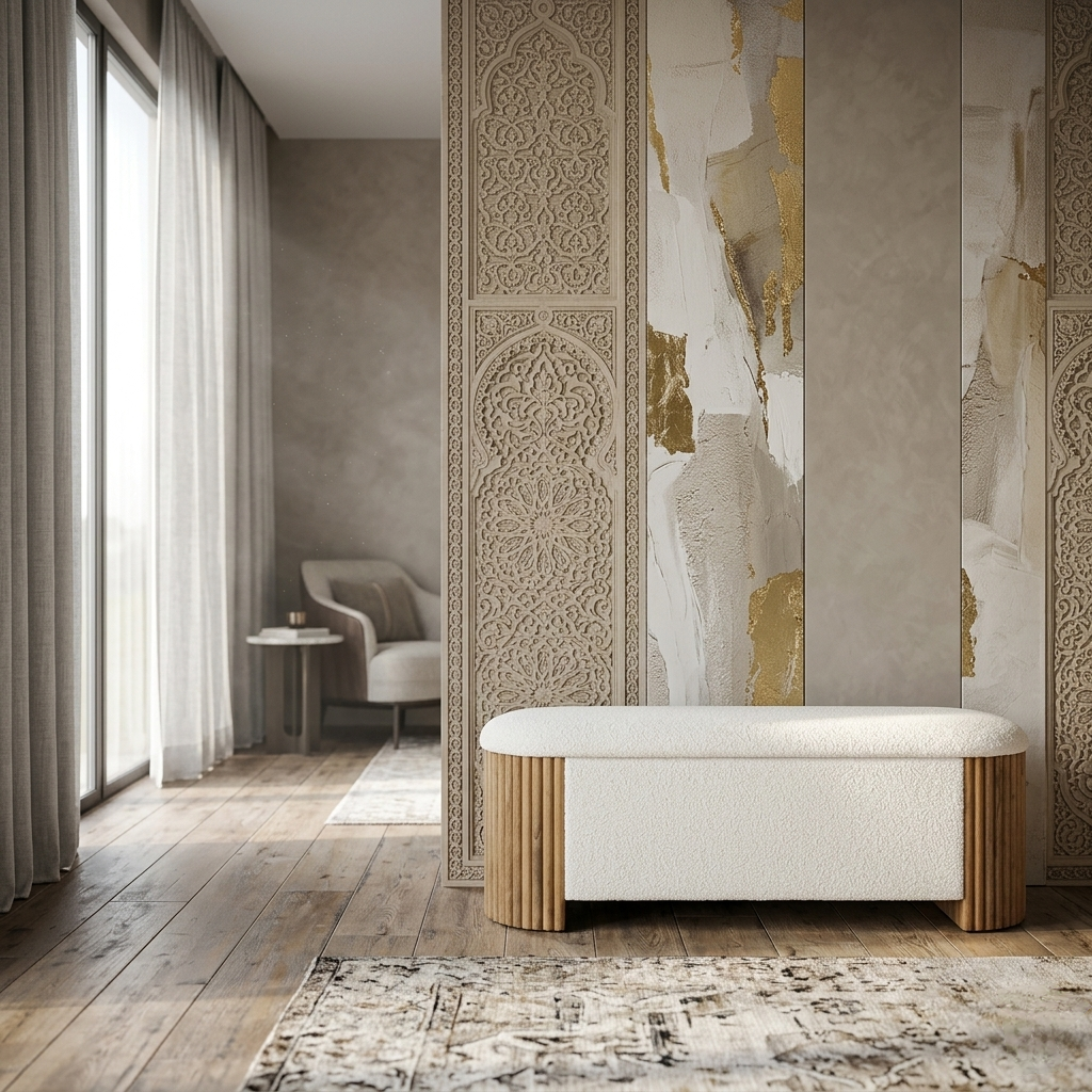Modern bouclé upholstered storage bench with fluted wood sides