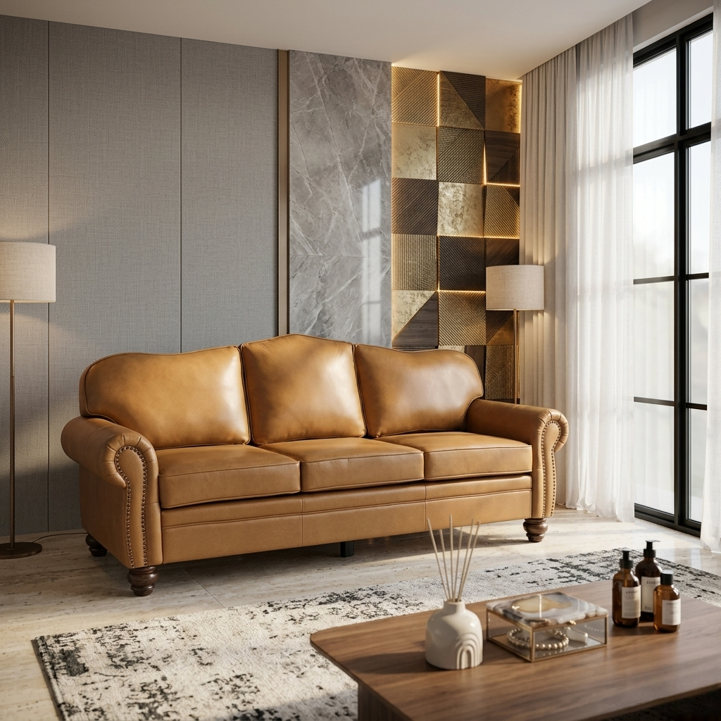 Camel Crest Leather Sofa | Luxury Tan 3 Seater Couch