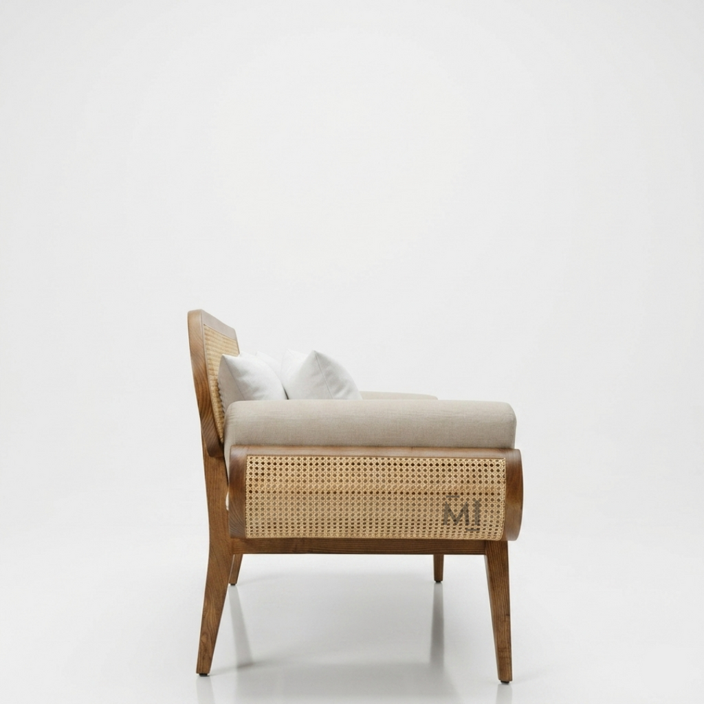Chair with wicker backrest and wooden frame on a white background