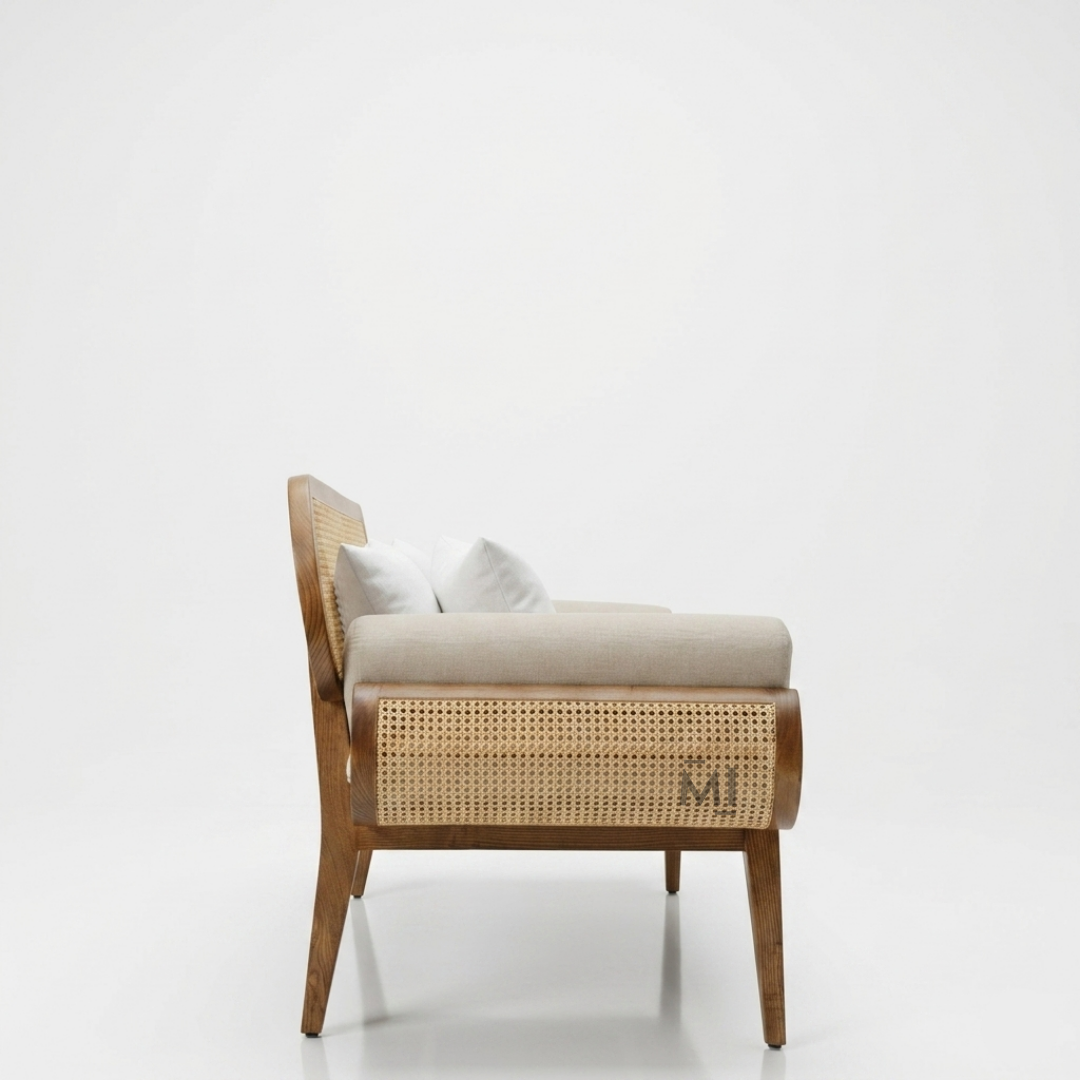Chair with wicker backrest and wooden frame on a white background