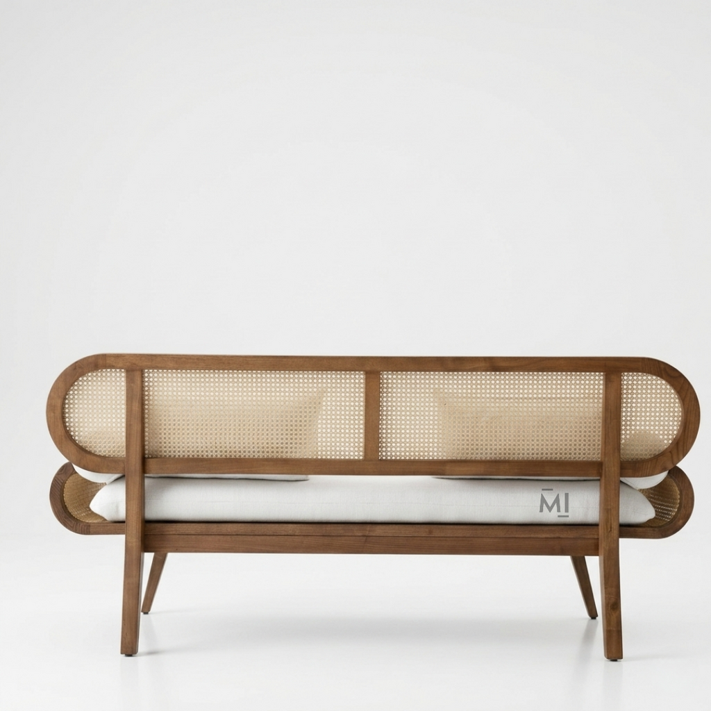 CaneAura Solid Wood Bench | Modern Rattan Cane Lounge Couch