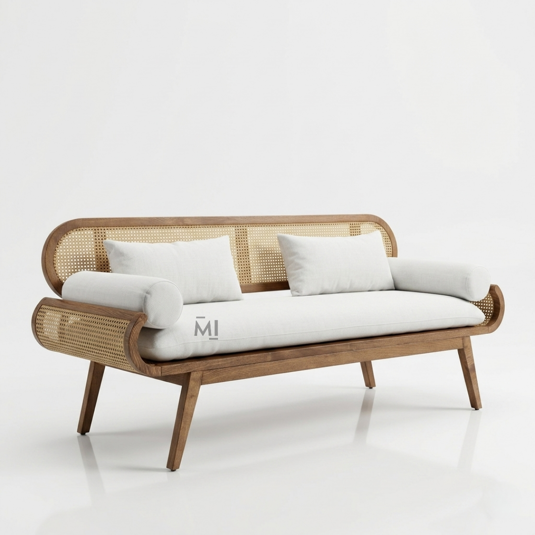 CaneAura Solid Wood Bench | Modern Rattan Cane Lounge Couch