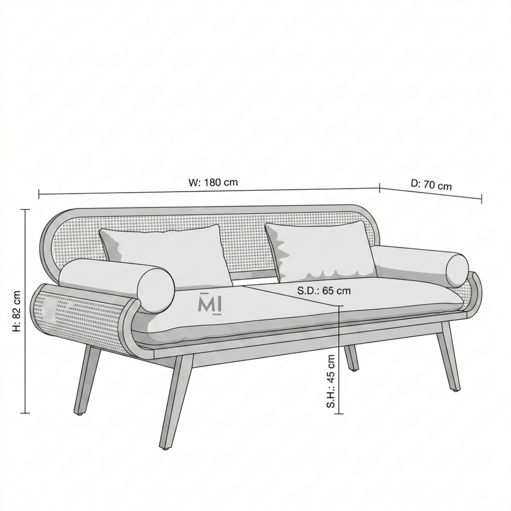 CaneAura Solid Wood Bench | Modern Rattan Cane Lounge Couch