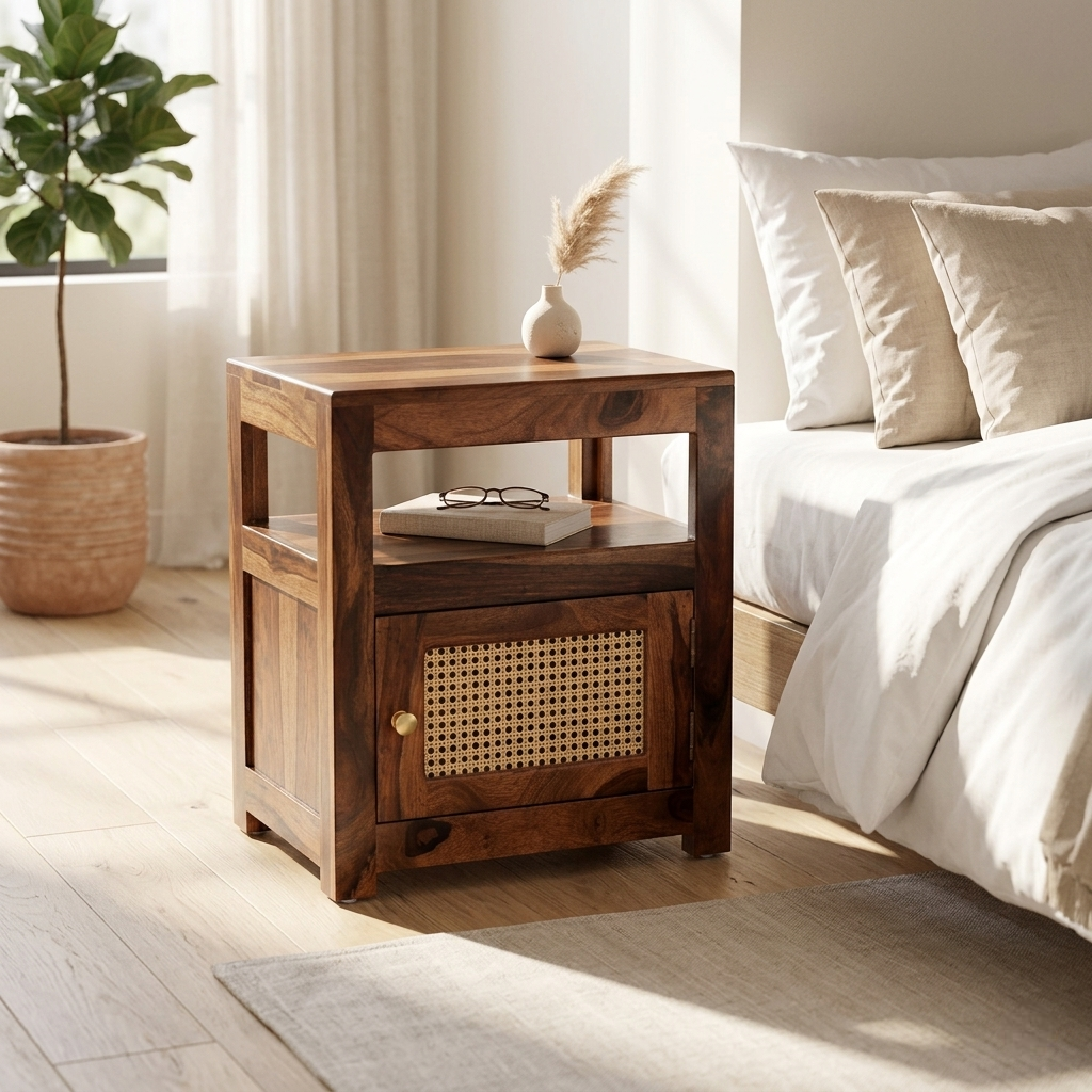 Modern solid wood bedside table with rattan cabinet door and open shelf storage beside a contemporary bed