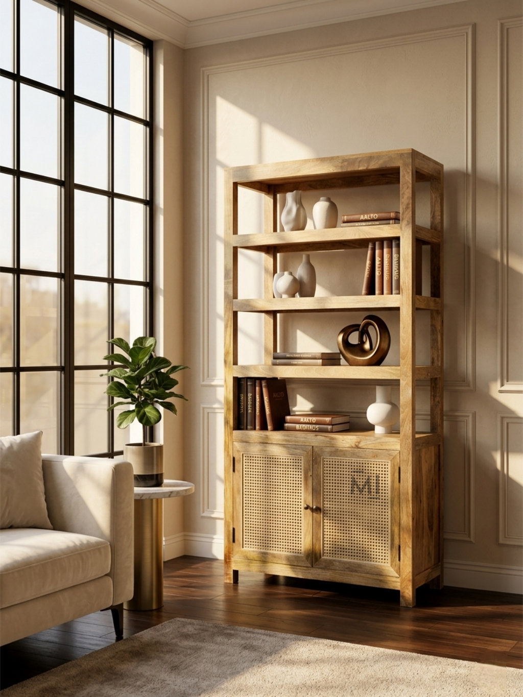 Wooden bookshelf with decorative items in a room with large windows and a sofa.