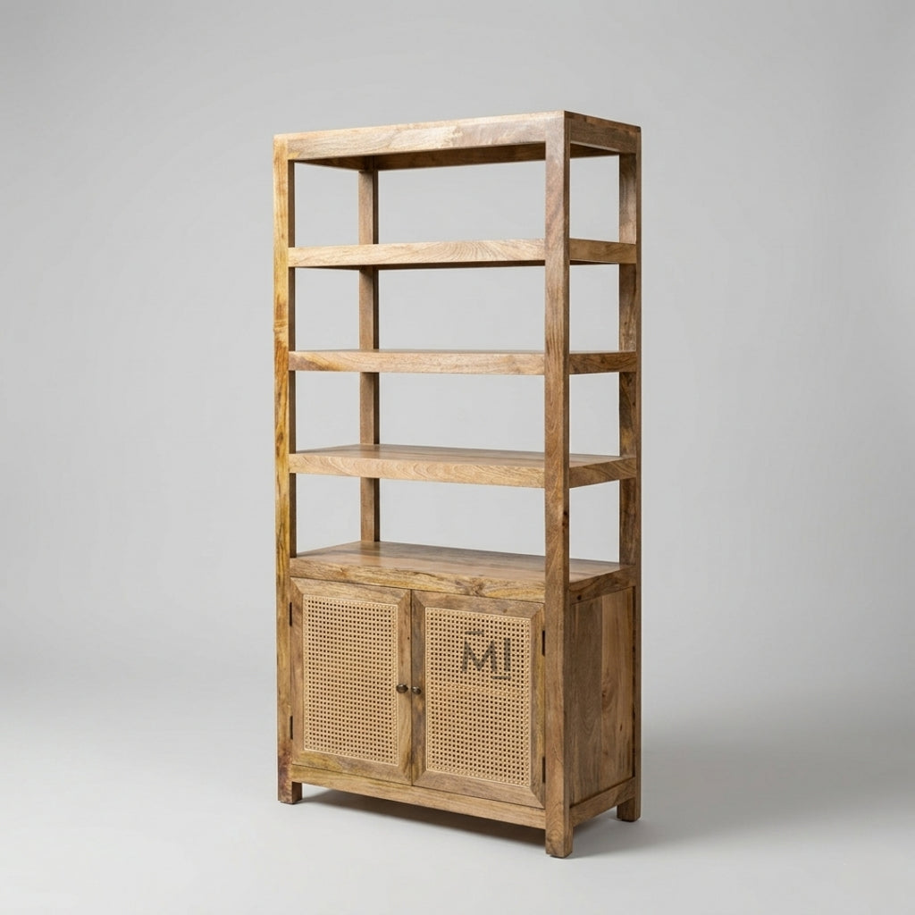 Wooden bookshelf with a cabinet on a gray background